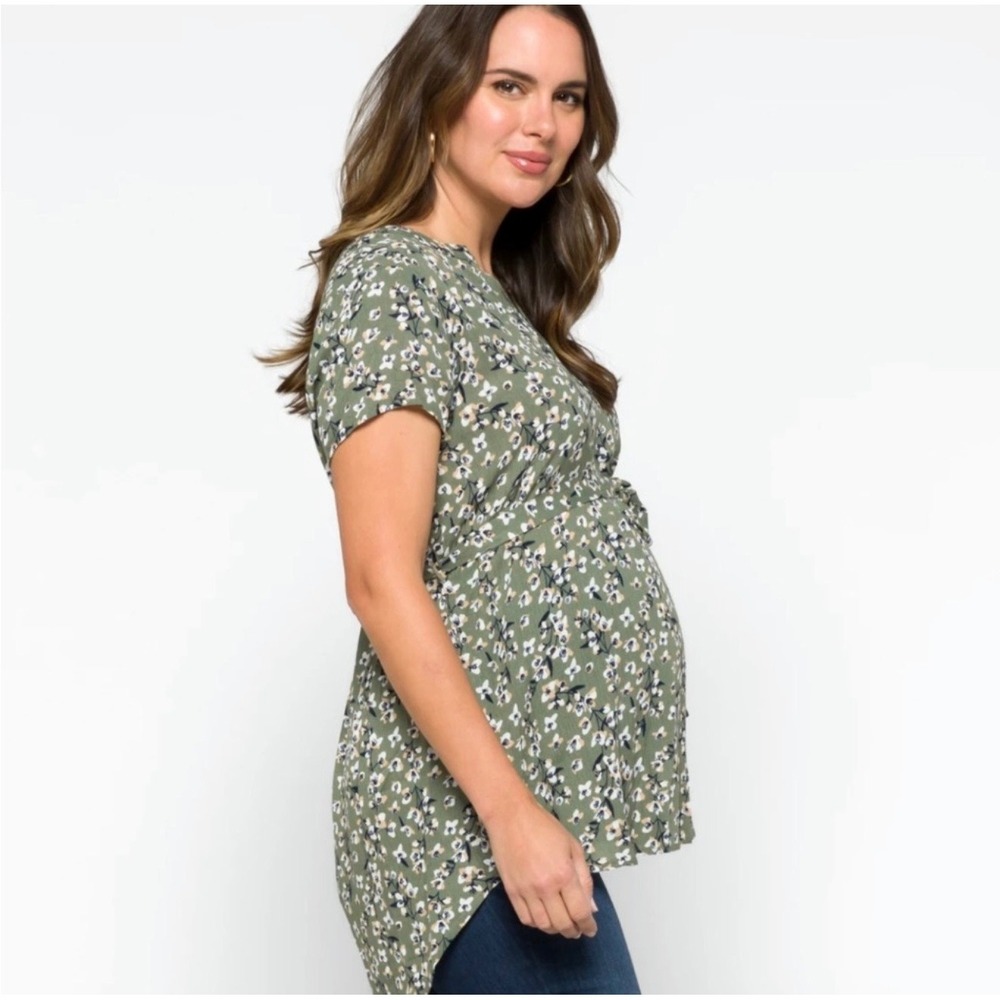 Full Moon Maternity Sage Green Floral Tie Waist Short Sleeve Blouse Top